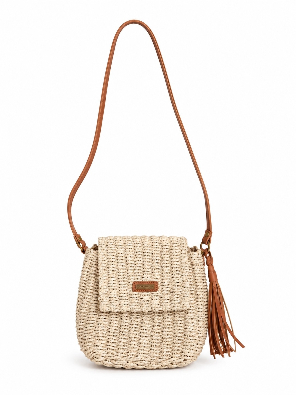 Beige Woven Crossbody with Tan Leather Strap and Tassel